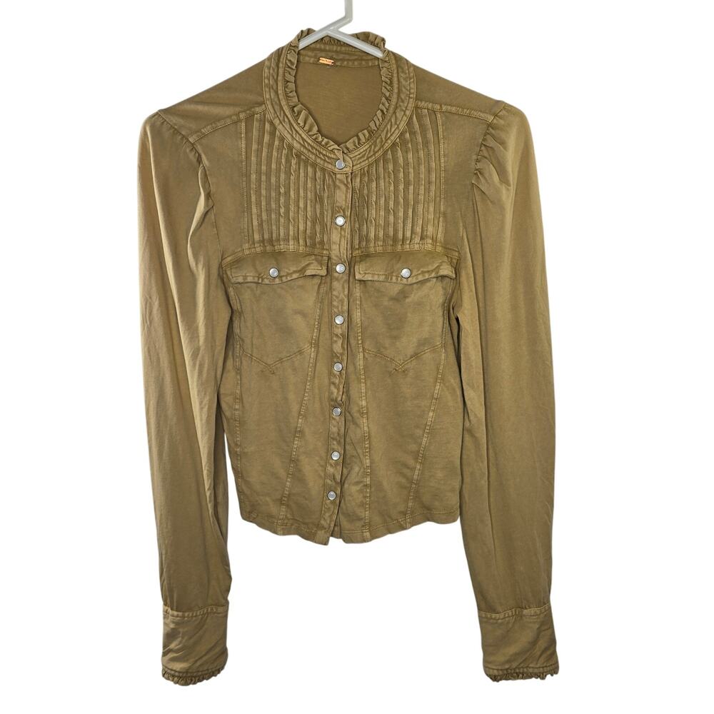 Free People Mustard Yellow Pearl Snap Boho Western Blouse Top